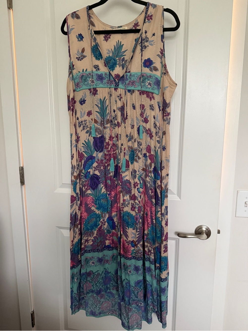Spell Beige Maxi Dress with Teal & Purple Floral Print